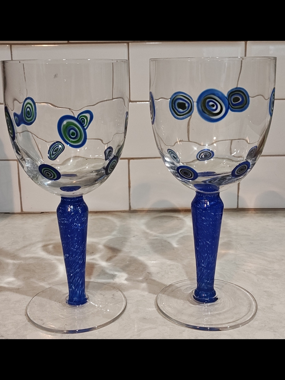 Pair Millefiori Wine Glasses Water Goblets Hand Blown Blue Murano Art Glass Set